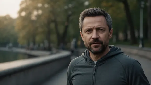 Евгений Зайферт в спортивной толстовке на набережной большого города в утренней дымке