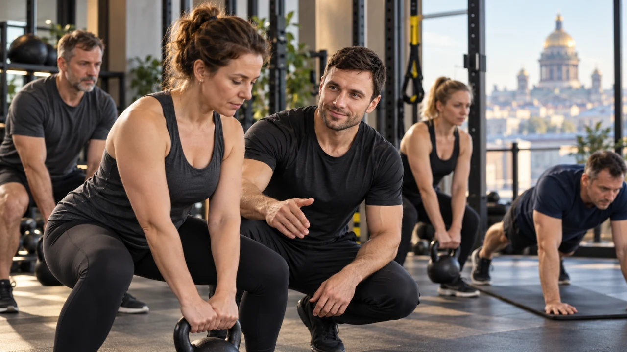 Евгений Зайферт объясняет технику упражнения с гирей на групповой тренировке для взрослых
