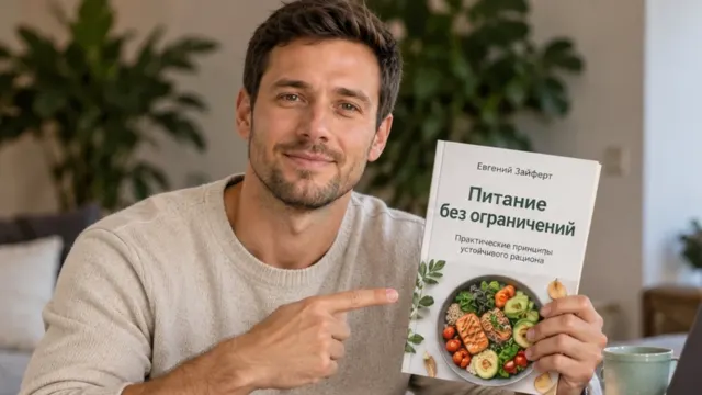 Евгений Зайферт в светлом джемпере держит гайд «Питание без ограничений» о принципах сбалансированного рациона.