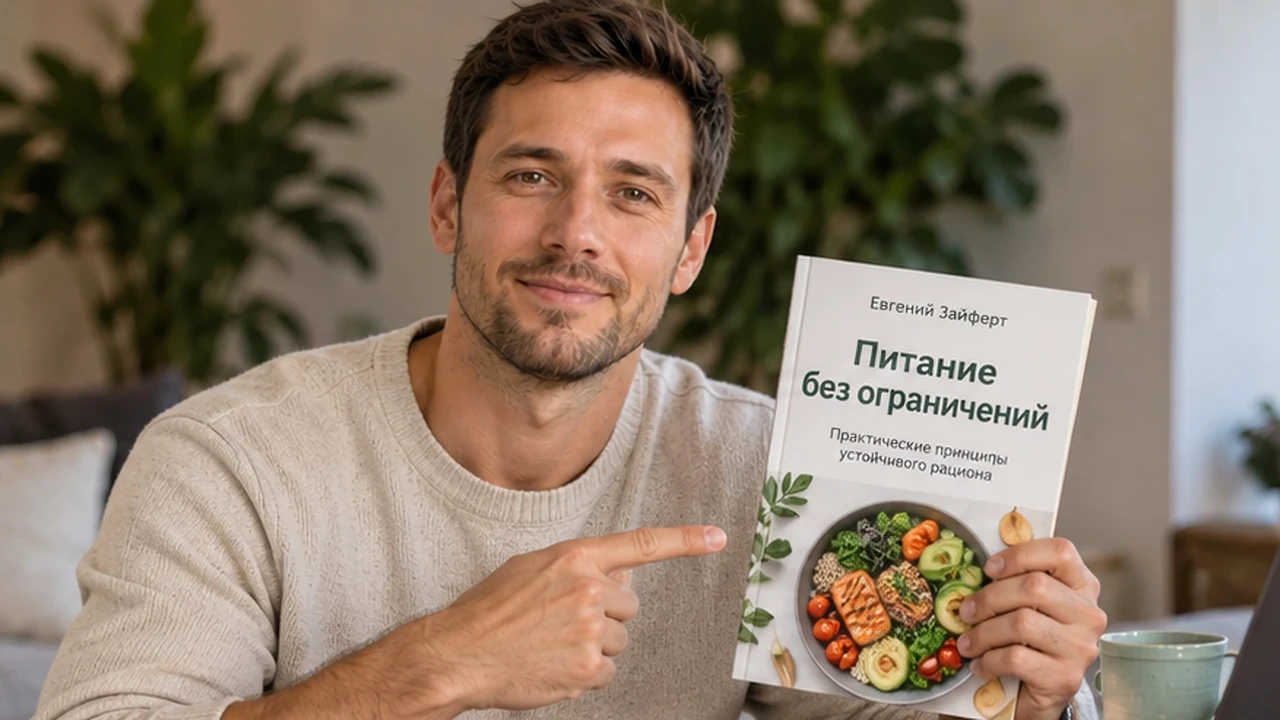 Евгений Зайферт в светлом джемпере держит гайд «Питание без ограничений» о принципах сбалансированного рациона.