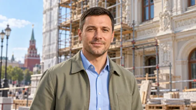 Евгений Зайферт в оливковой куртке на фоне исторического здания со строительными лесами в Москве.
