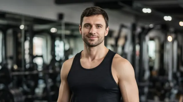 Евгений Зайферт, персональный фитнес-тренер из Санкт-Петербурга, в современном спортзале. Портрет в чёрной майке, взгляд в камеру, размытый фон тренажёров.