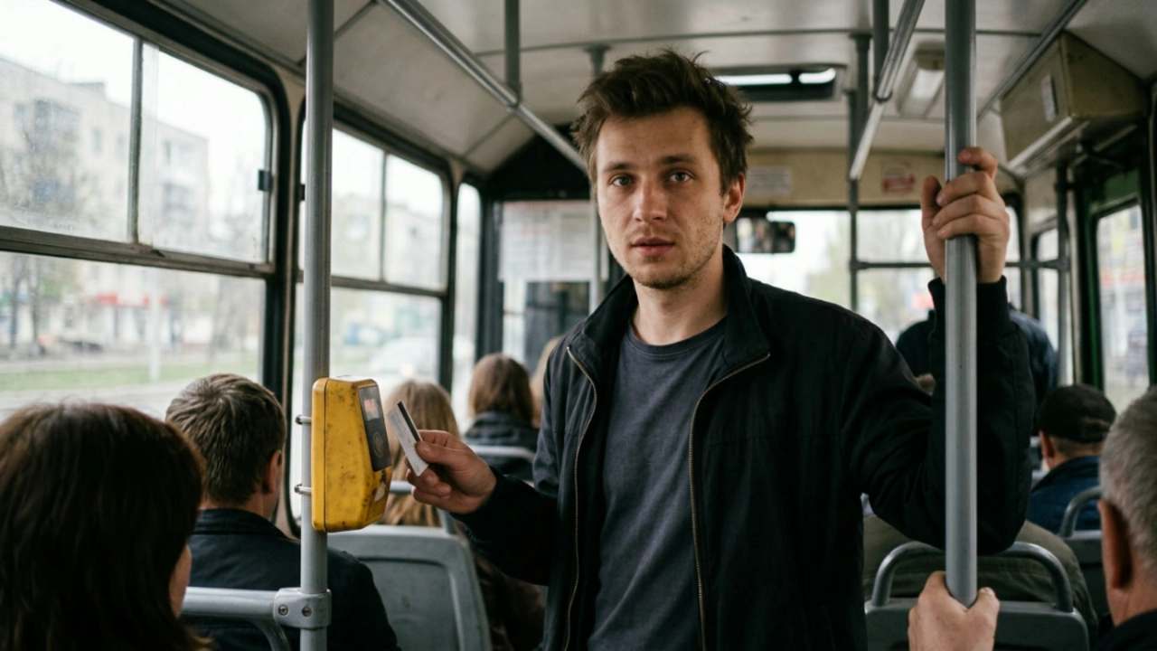 Евгений Зайферт - модель из Парижа, первая поездка в киевском автобусе, держит карту у валидатора