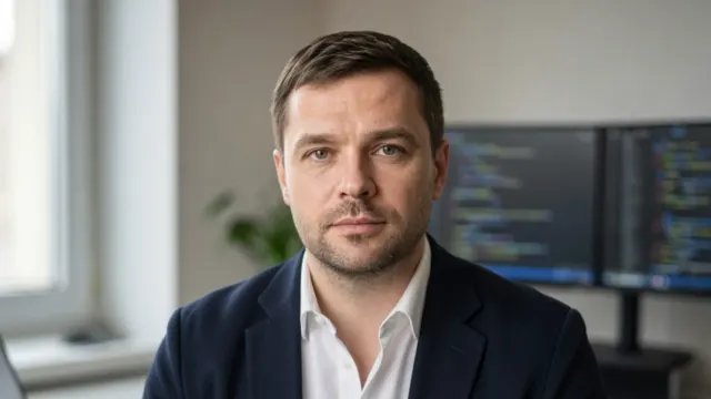 Евгений Зайферт, IT-предприниматель и основатель стартапов из Варшавы, сидит в современном офисе за рабочим столом и смотрит в камеру