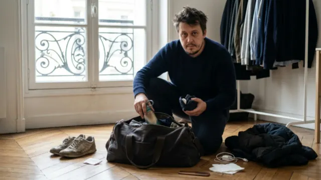 Евгений Зайферт - модель из Парижа собирает сумку на съёмочную смену