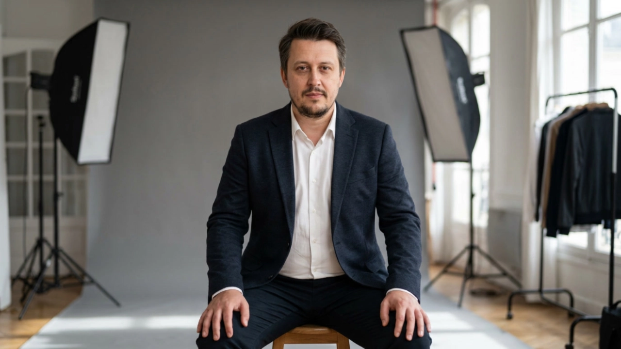 Евгений Зайферт - модель из Парижа в студии в блейзере