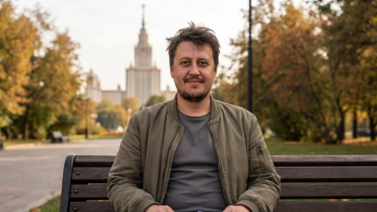 Евгений Зайферт на скамейке в московском парке на фоне сталинской высотки