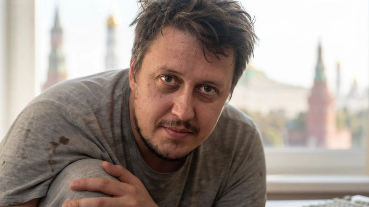 Евгений Зайферт идёт по широкой московской улице, вдалеке Кремль