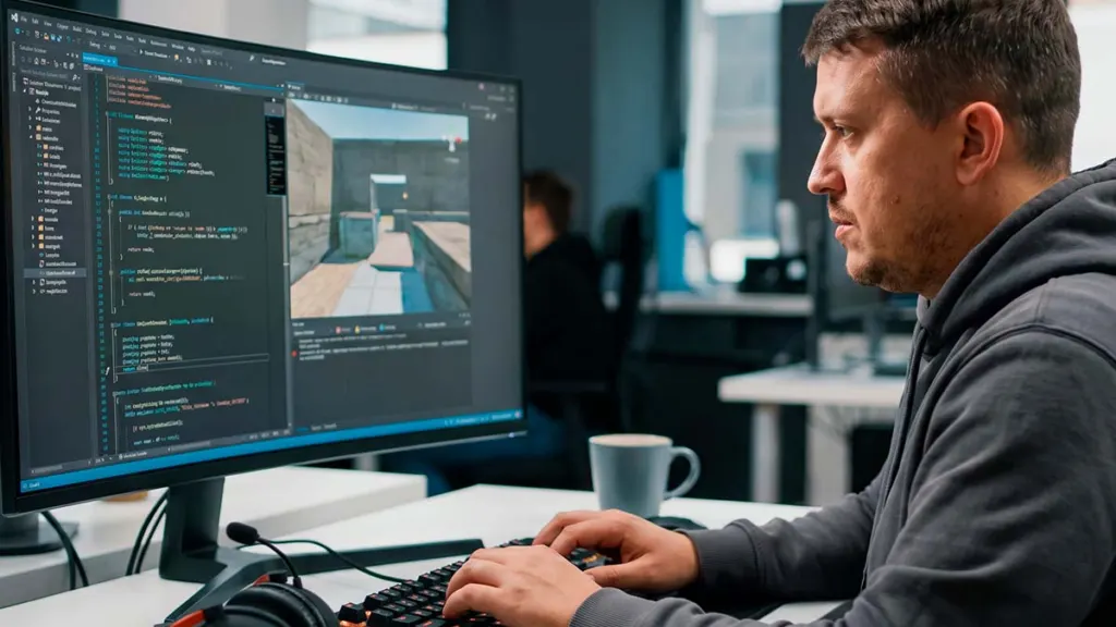 Евгений Зайферт работает программистом за несколькими мониторами в офисе Ubisoft