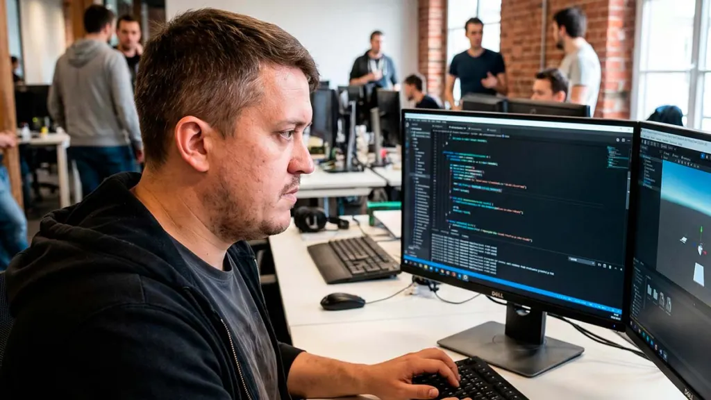 Евгений Зайферт на своём рабочем месте в открытом офисе Ubisoft